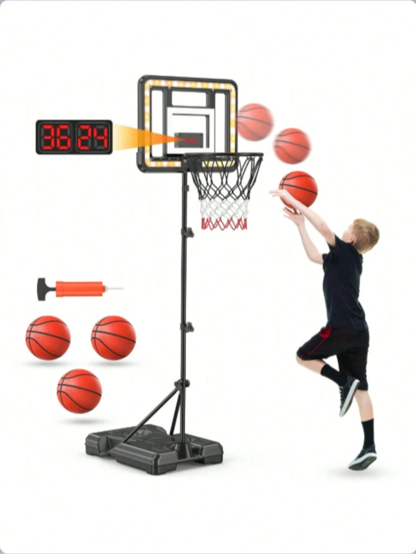 Adjustable Kids Basketball Hoop with Electronic Scoreboard & Timer, Indoor Outdoor Toy for Ages 3–8