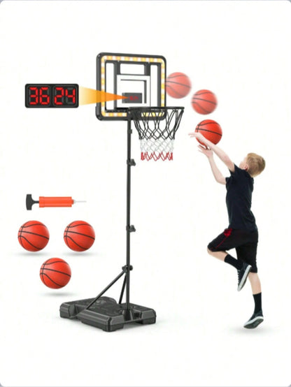 Adjustable Kids Basketball Hoop with Electronic Scoreboard & Timer, Indoor Outdoor Toy for Ages 3–8