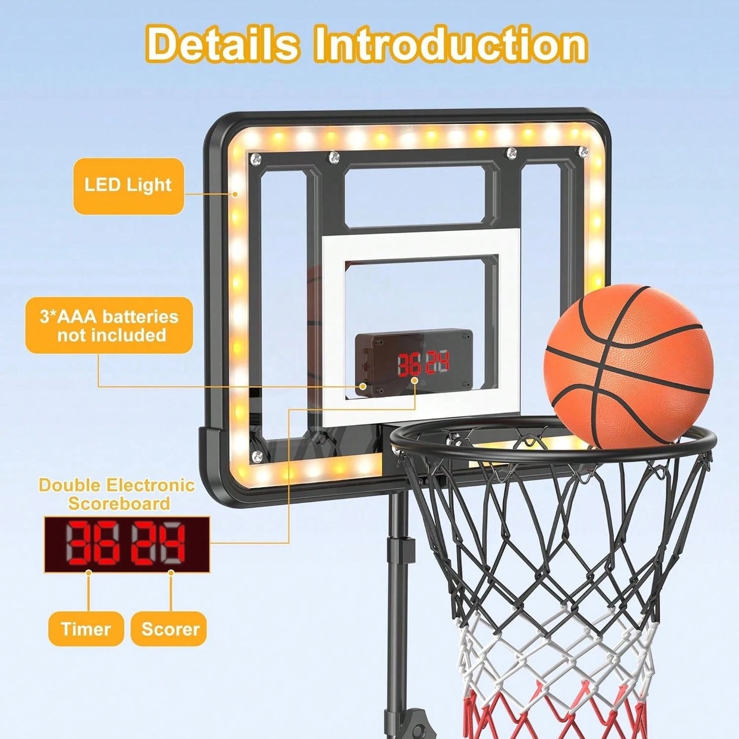 Adjustable Kids Basketball Hoop with Electronic Scoreboard & Timer, Indoor Outdoor Toy for Ages 3–8