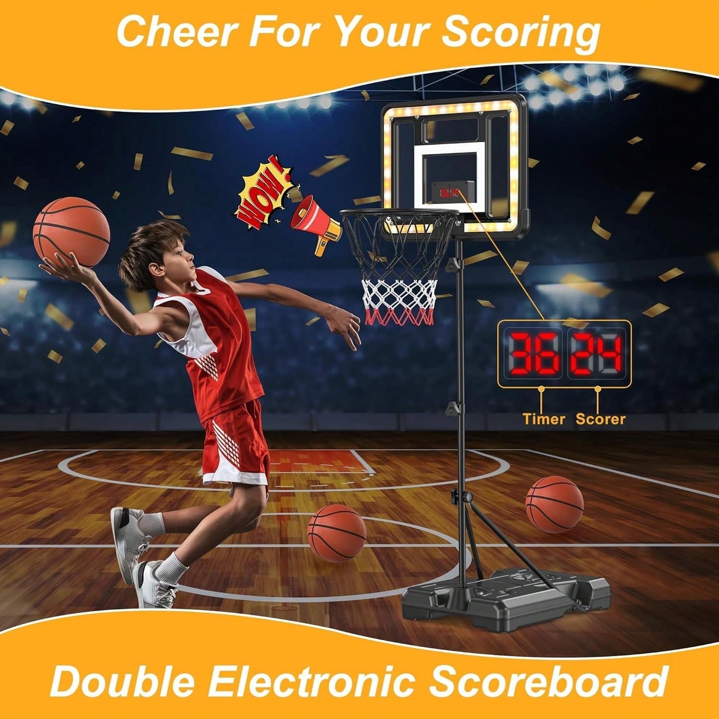 Adjustable Kids Basketball Hoop with Electronic Scoreboard & Timer, Indoor Outdoor Toy for Ages 3–8