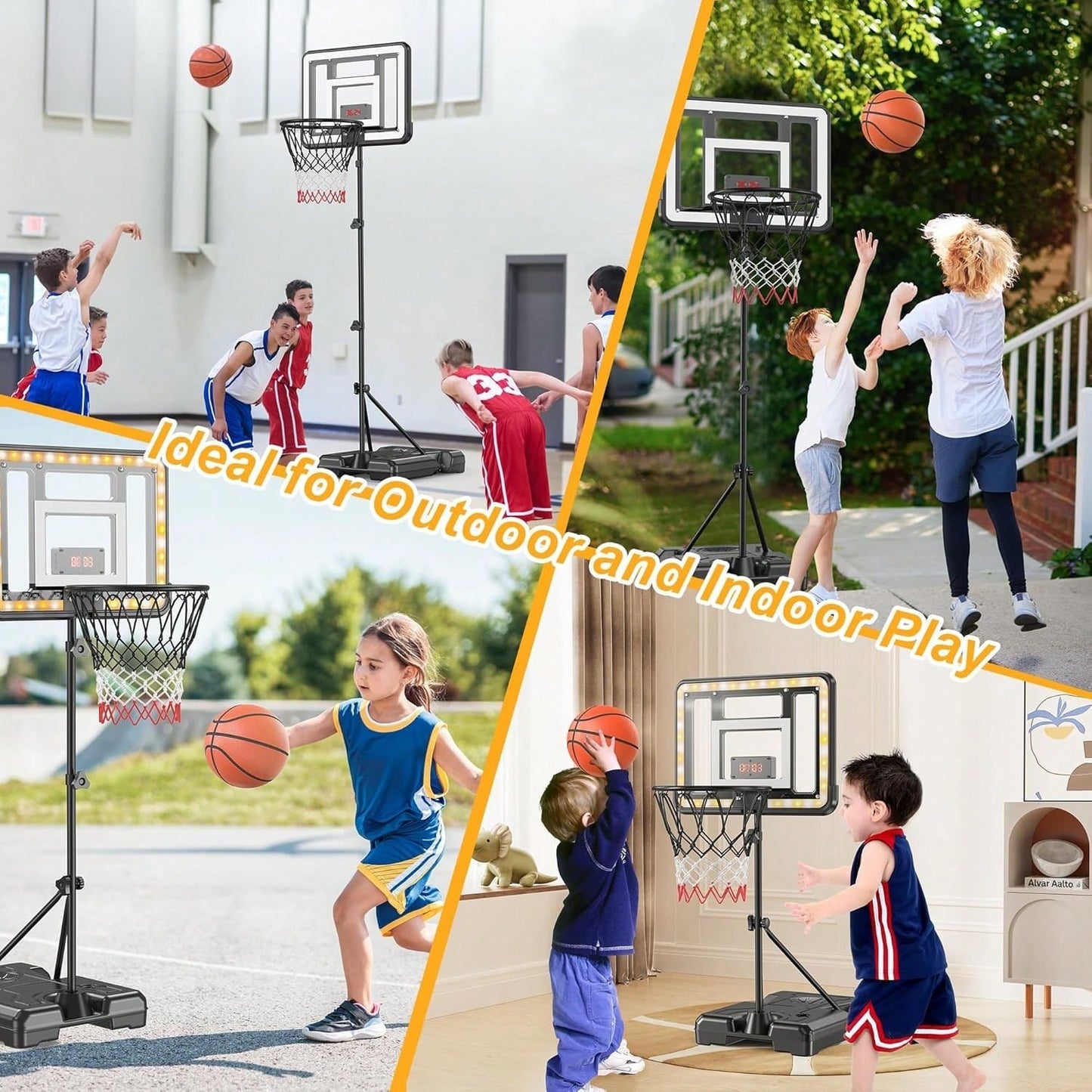 Adjustable Kids Basketball Hoop with Electronic Scoreboard & Timer, Indoor Outdoor Toy for Ages 3–8