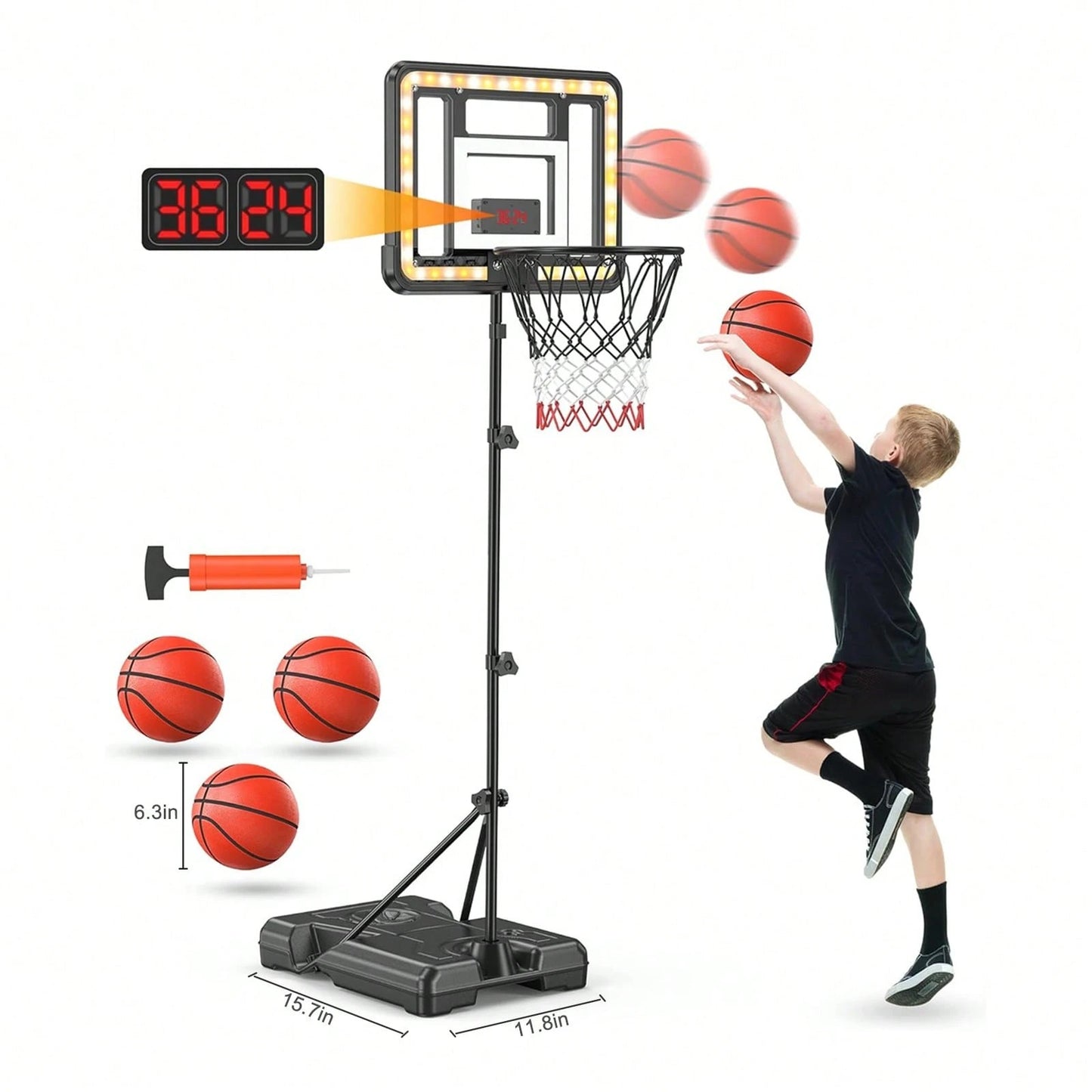 Adjustable Kids Basketball Hoop with Electronic Scoreboard & Timer, Indoor Outdoor Toy for Ages 3–8